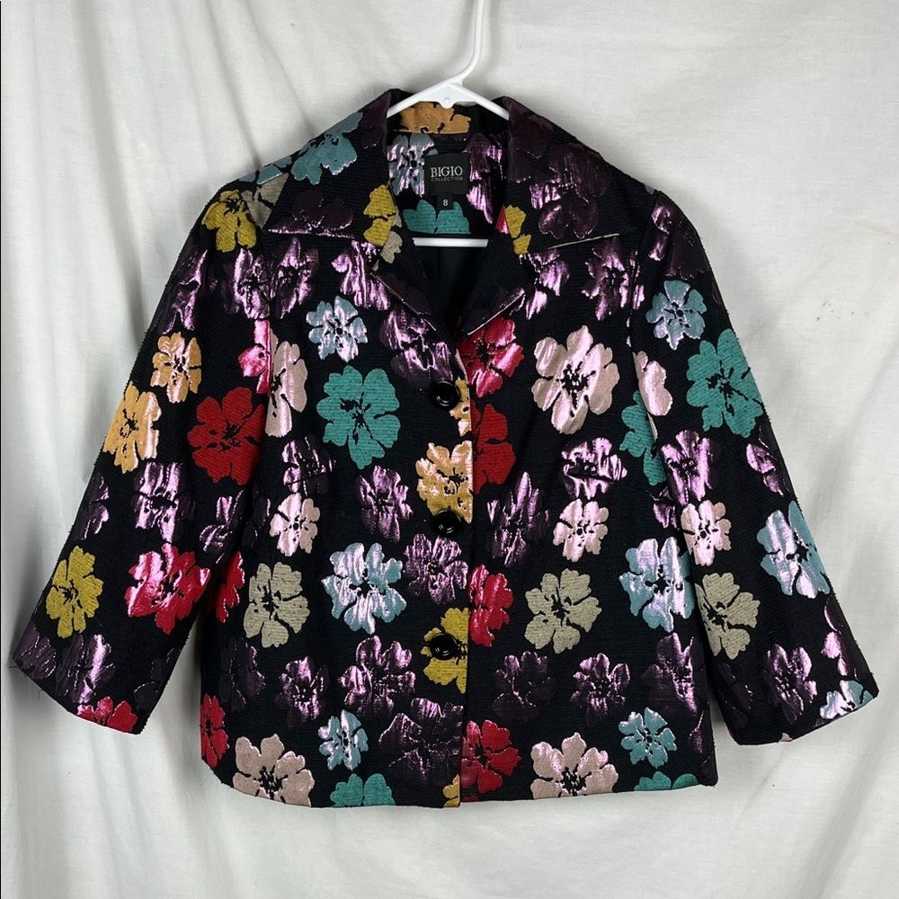 Bigio Collection Black Metallic Floral Button Up Textured Blazer